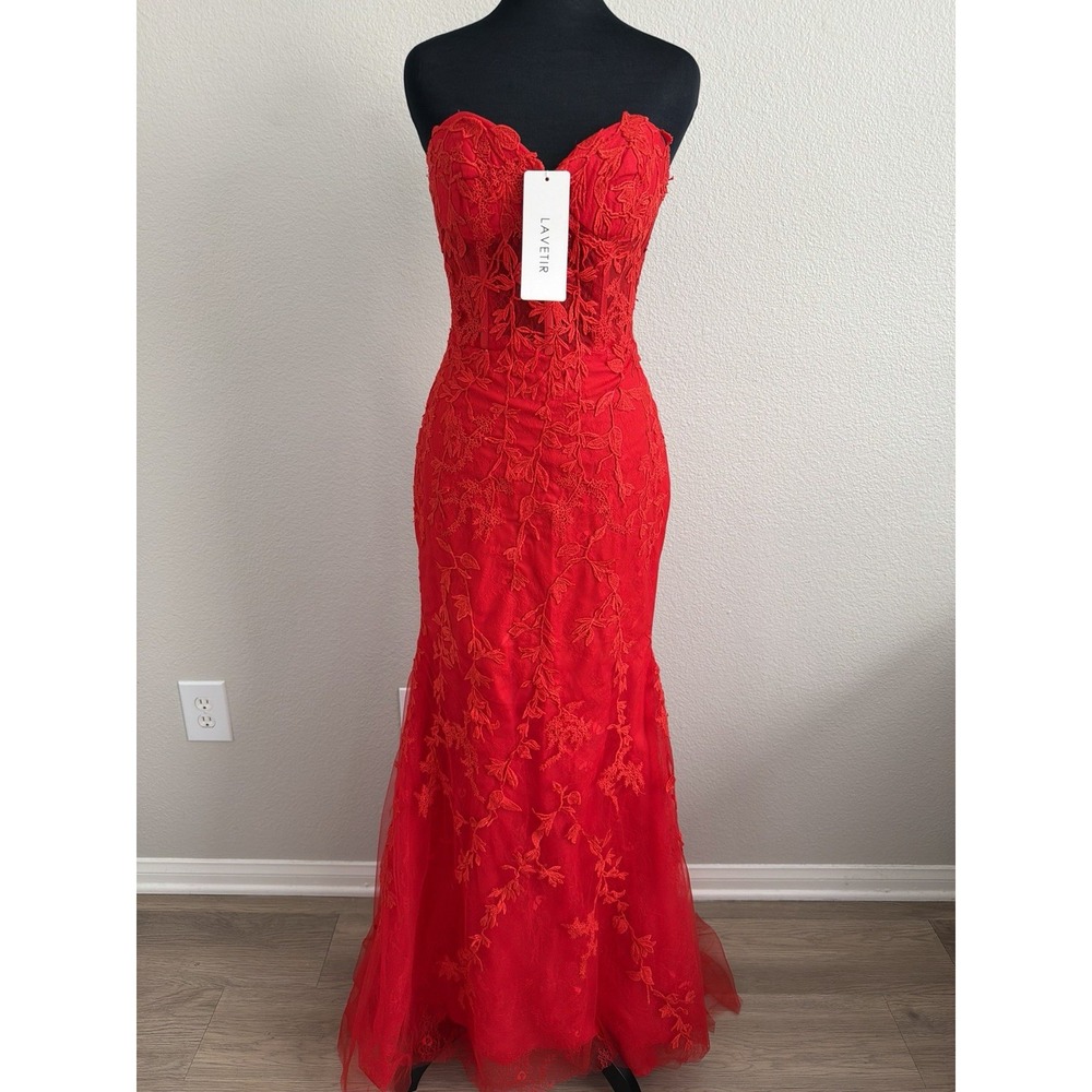 Lavetir Small Red Lace Corset Mermaid Maxi Dress Strapless Formal Evening Gown